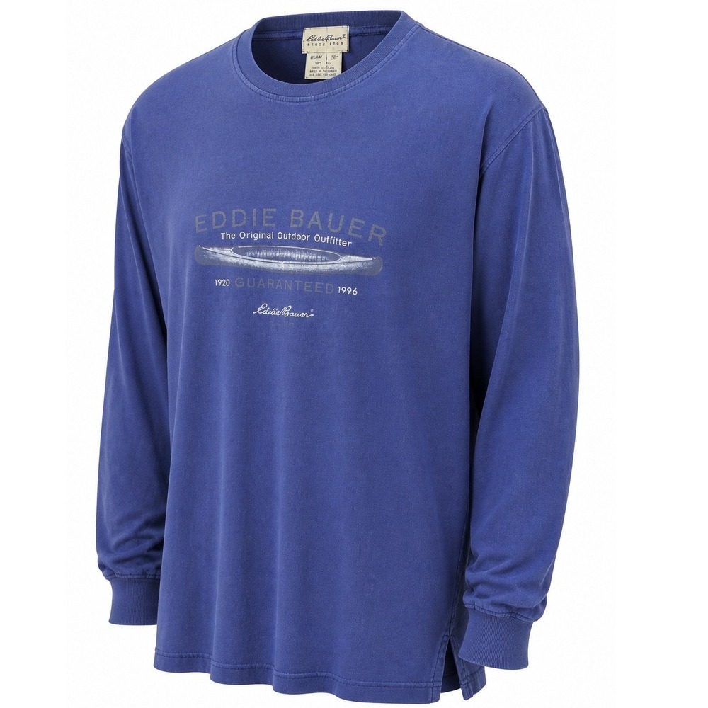 Eddie Bauer Long Sleeve T-Shirt Mens L Graphic Blue Solid Relaxed 90s Vintage
